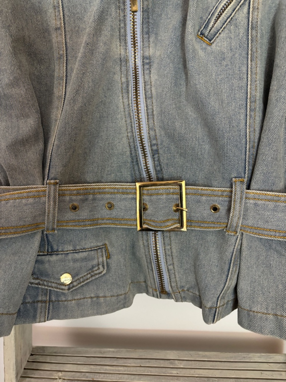 POL Short-Sleeve Washed Gray Denim Moto Jacket, cropped, oversized, modern, edgy - Picture 6 of 11